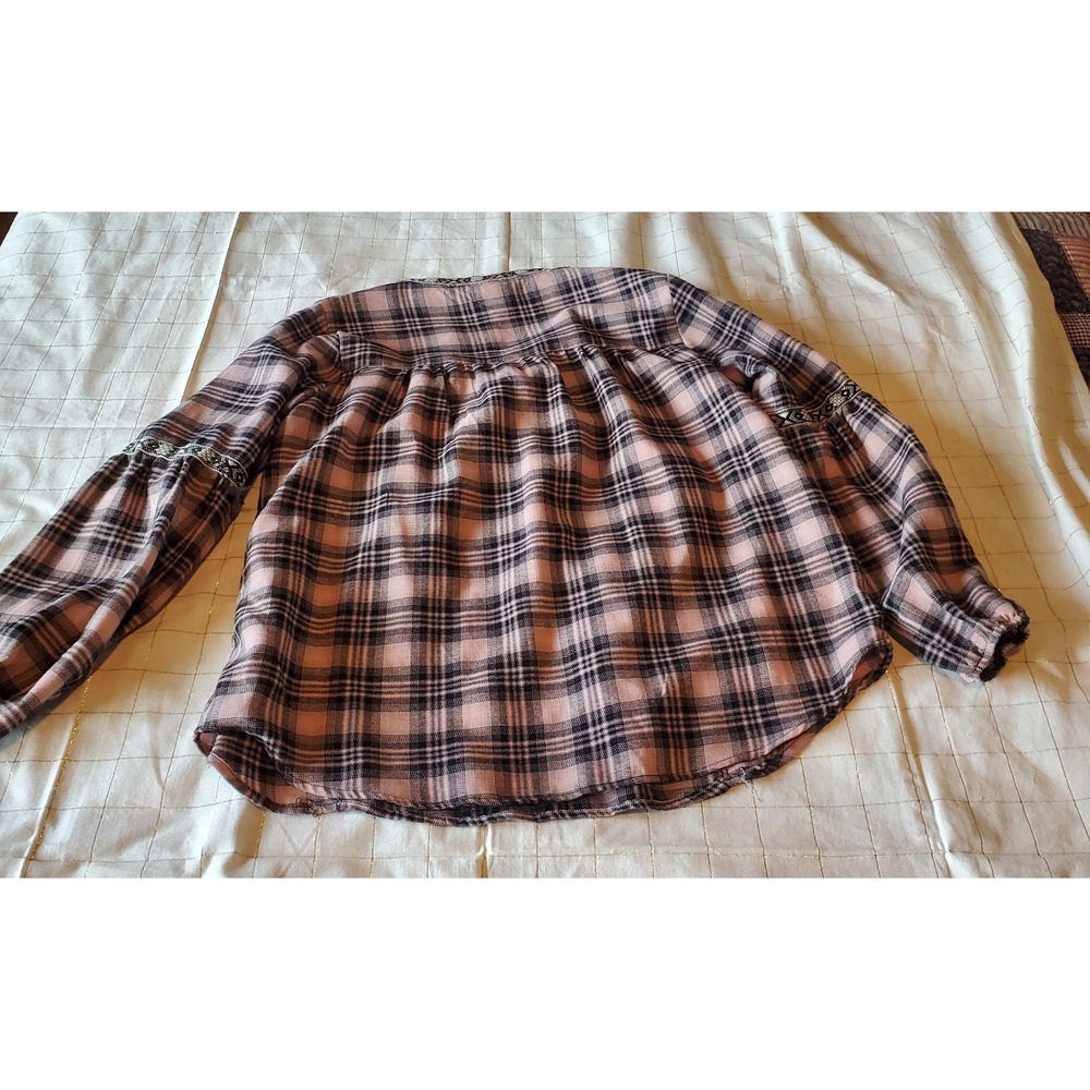 Knox Rose Top Women's Medium Pink Black Plaid Flannel V Neck Puff Sleeve Boho - Picture 9 of 9